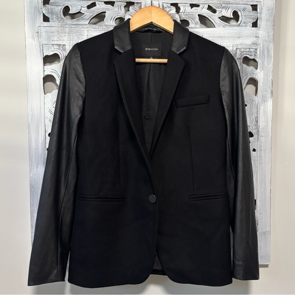 Aritzia Babaton Black Fred Wool Cashmere Faux Leather Blazer Jacket Size 4